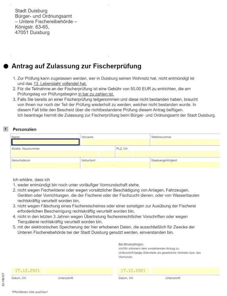 Antrag Fischerprüfung Duisburg