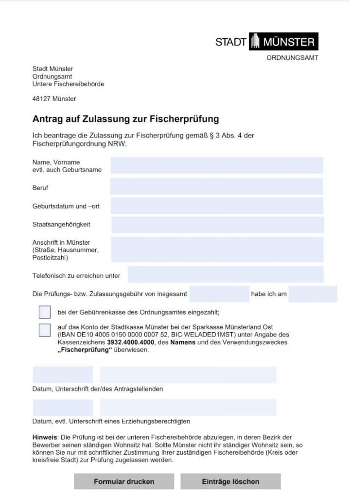 Anmeldeformular Münster Fischerprüfung