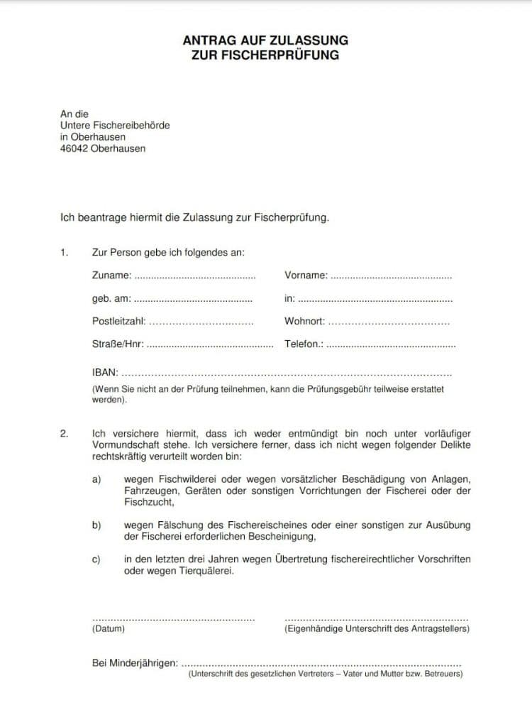 Anmeldeformular zur Fischerprüfung zum Angelschein in Oberhausen