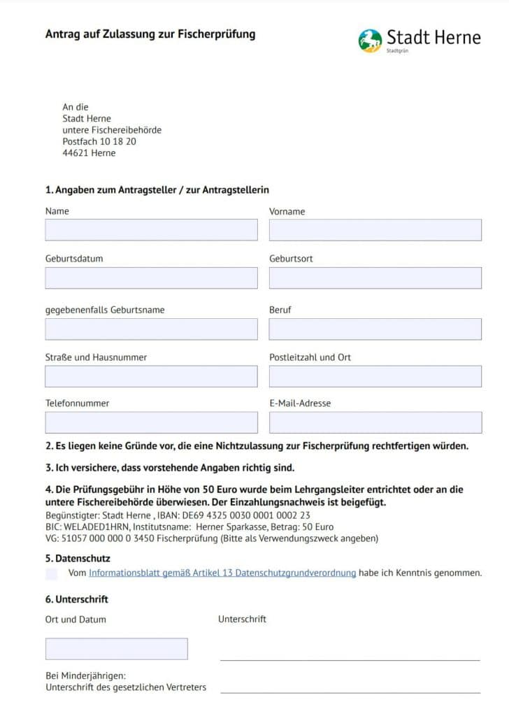 Abbildung Antrag zur Fischerprüfung zum Angelschien untere Fischereibehörde Herne